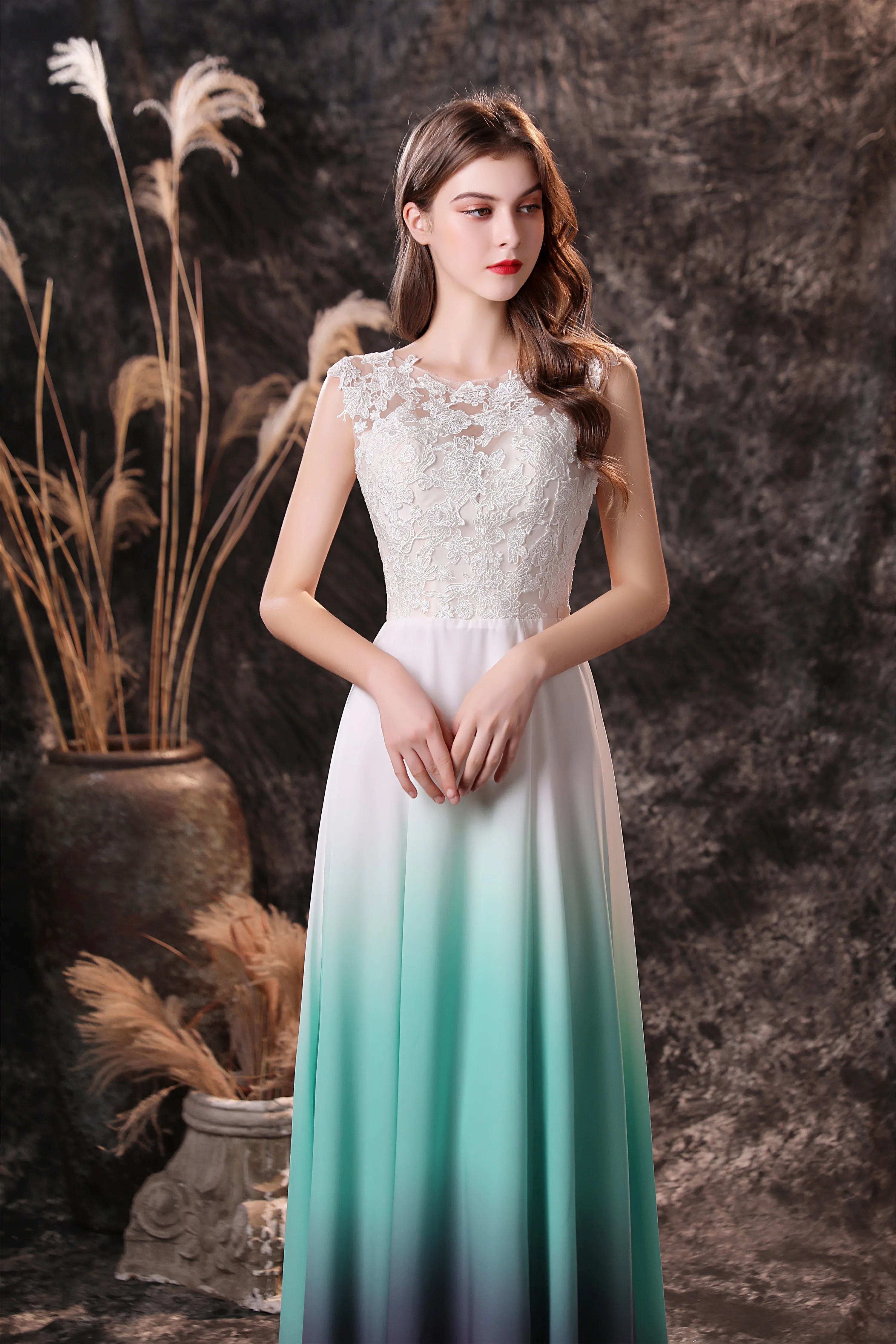 A Line Sleeveless Appliques Ombre Silk Like Satin Floor Length Prom Dresses