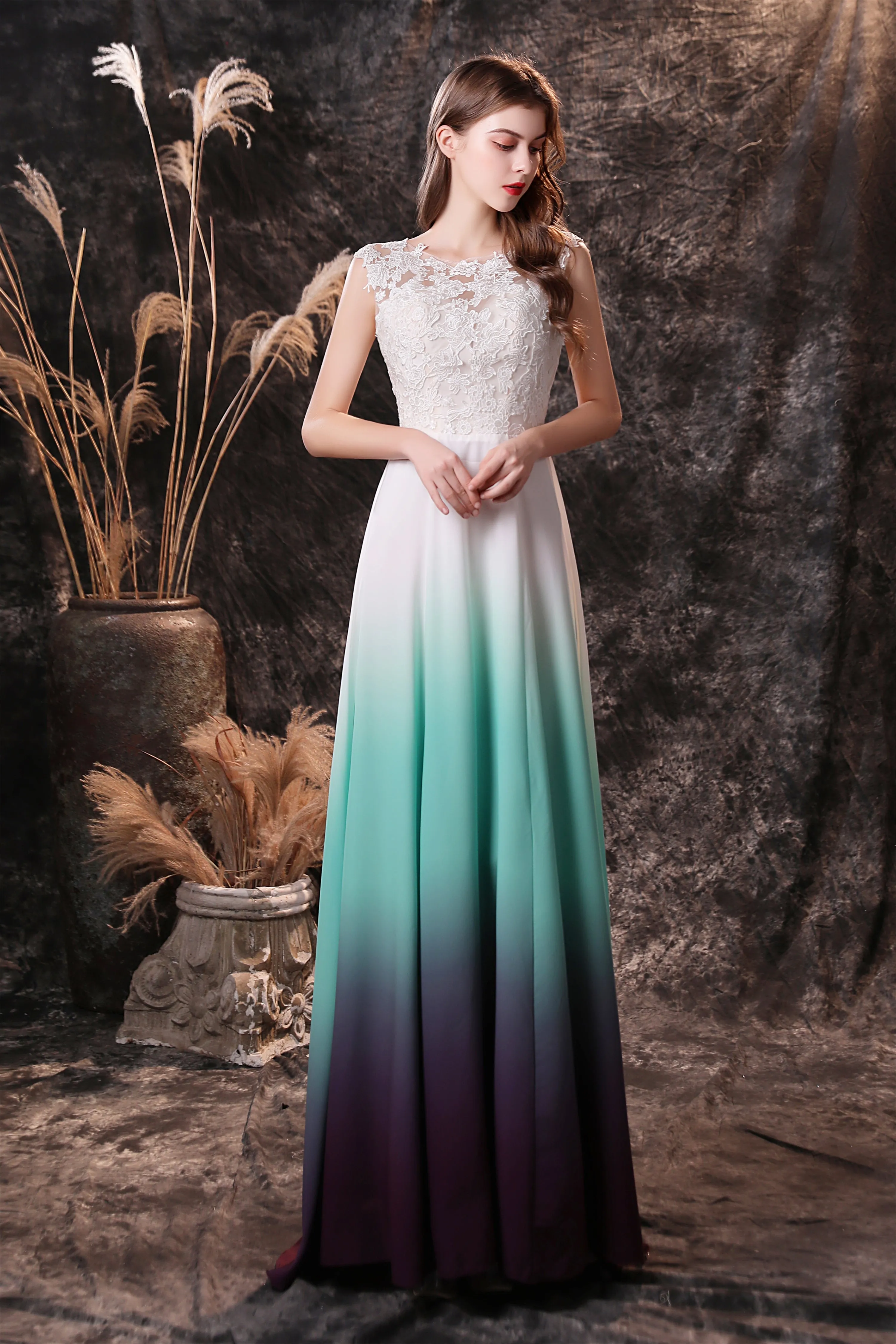 A Line Sleeveless Appliques Ombre Silk Like Satin Floor Length Prom Dresses