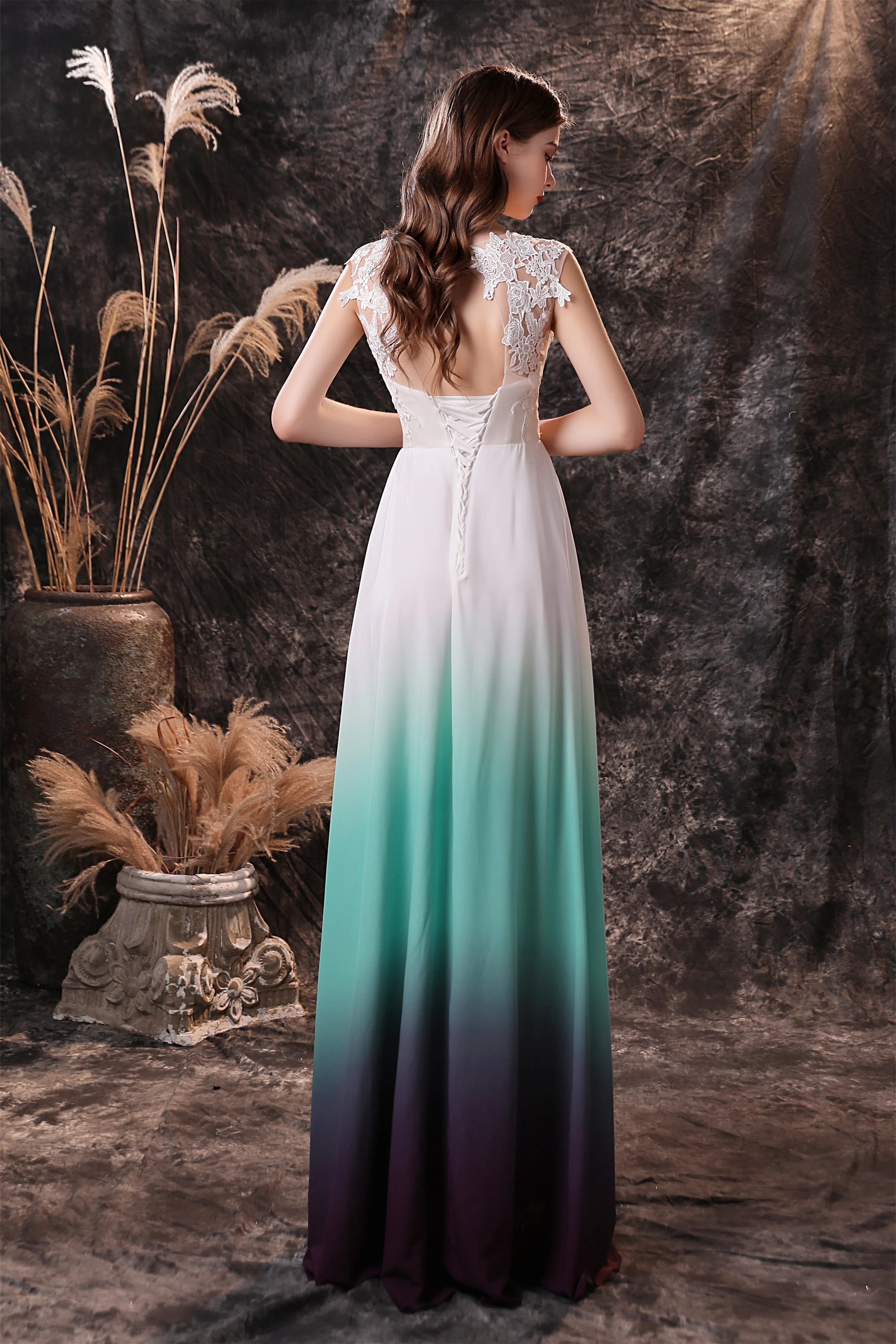 A Line Sleeveless Appliques Ombre Silk Like Satin Floor Length Prom Dresses