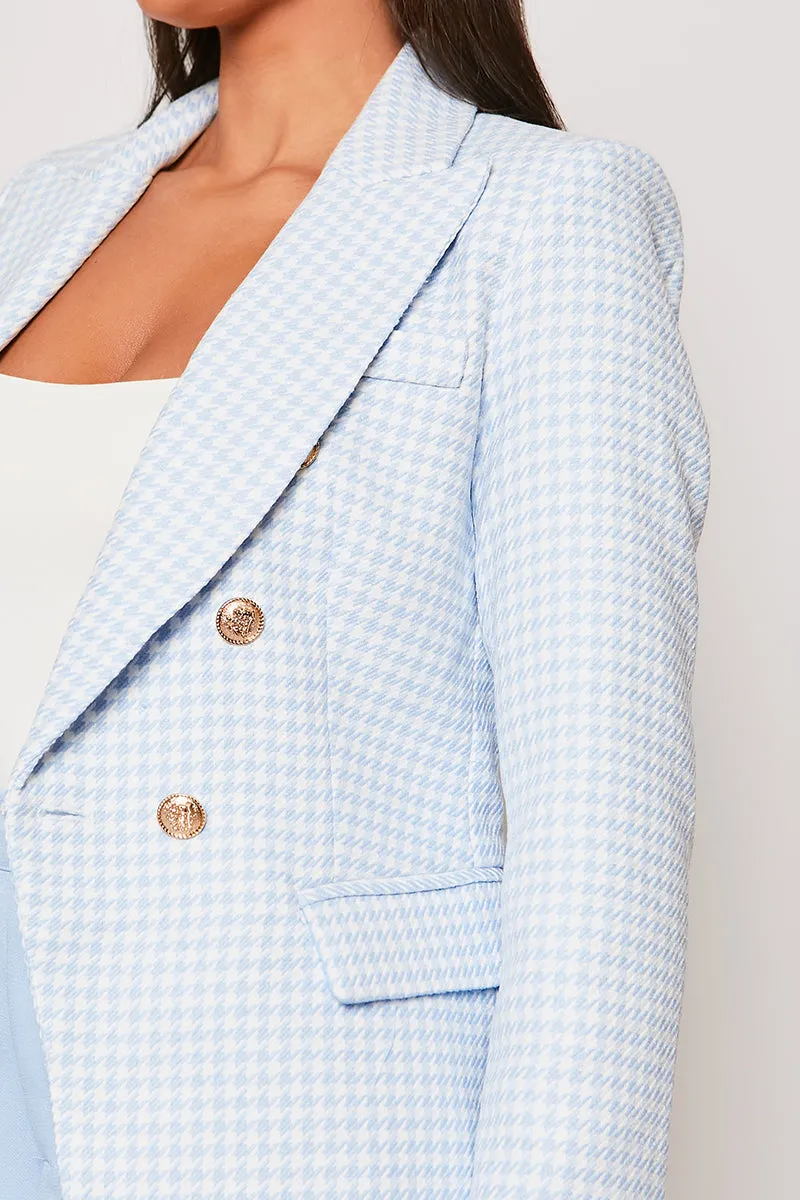 Alexina - Premium Baby Blue Houndstooth Gold Button Blazer