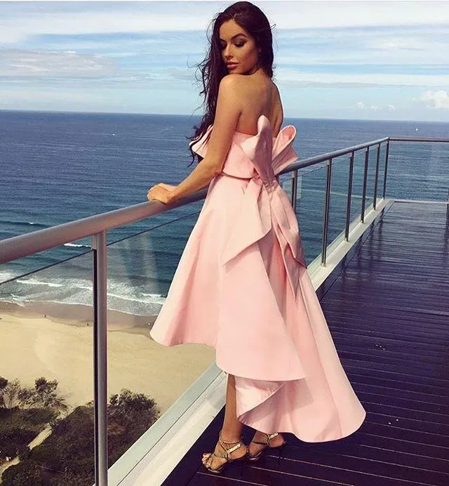 Anneprom Chic Pink Strapless Bridesmaid Dress A-line High Low Bowknot Bridesmaid Dresses APB0116