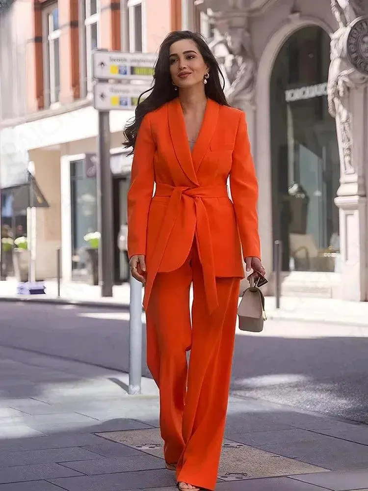 Belted High Waist Wide Leg Pant Suit