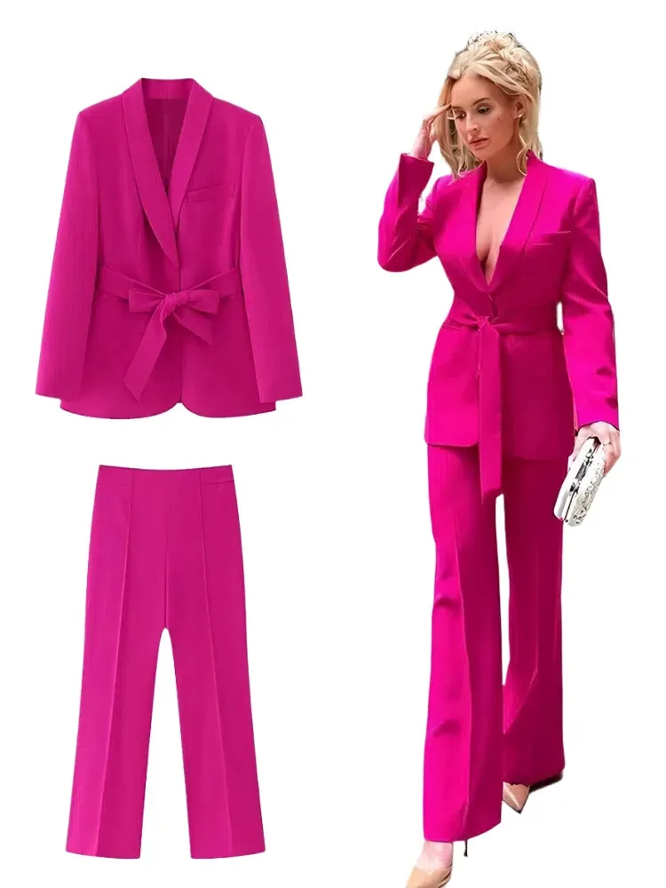 Belted High Waist Wide Leg Pant Suit