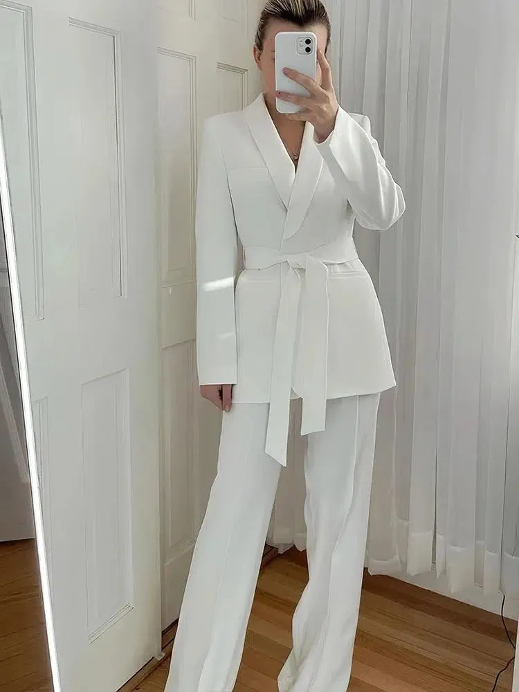 Belted High Waist Wide Leg Pant Suit