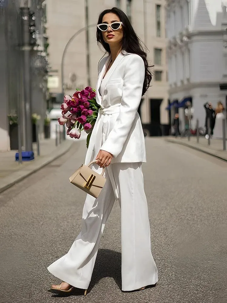 Belted High Waist Wide Leg Pant Suit