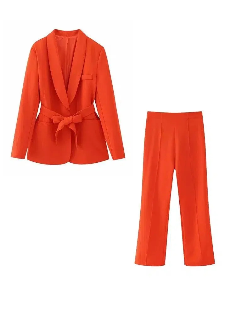 Belted High Waist Wide Leg Pant Suit