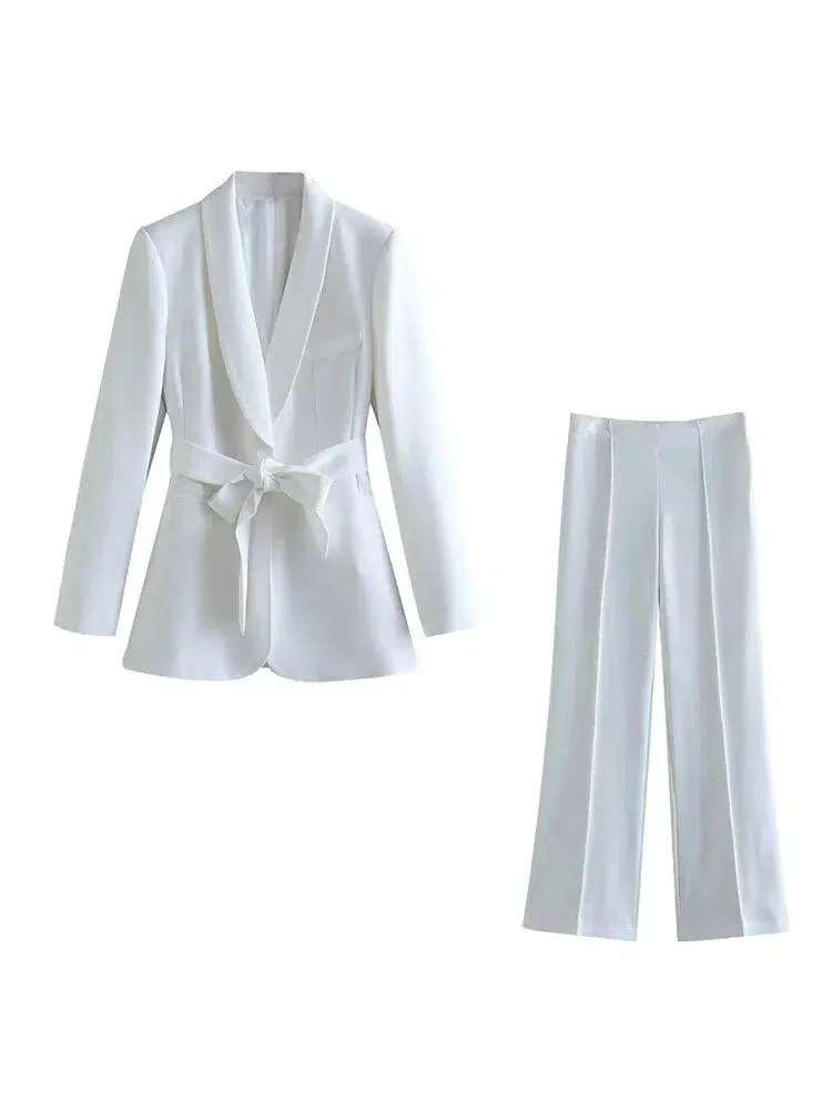 Belted High Waist Wide Leg Pant Suit