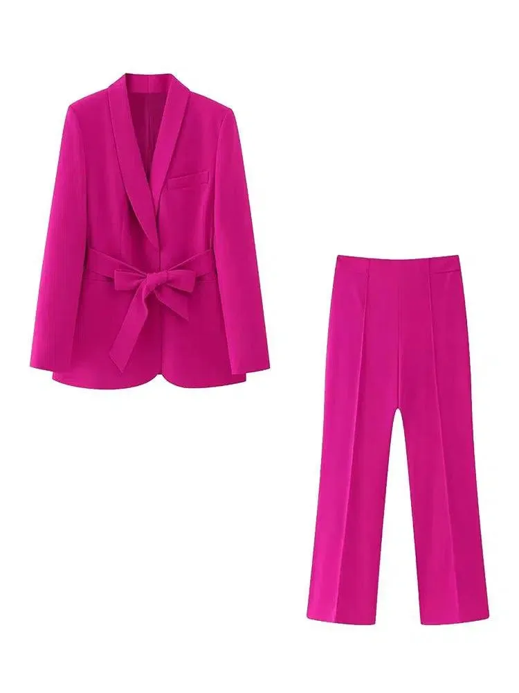 Belted High Waist Wide Leg Pant Suit