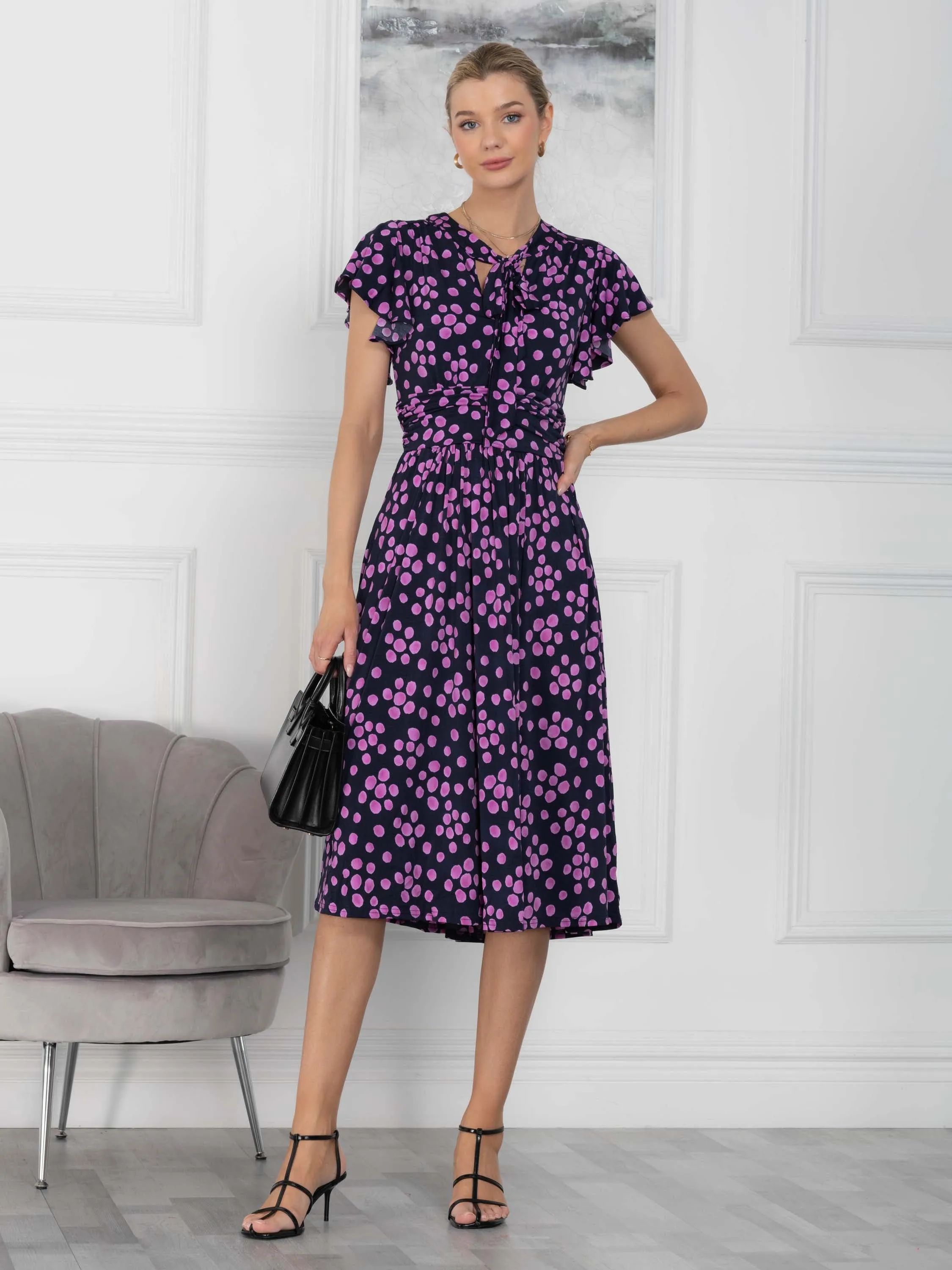 Beverly Tie Neck Midi Dress, Navy Spot