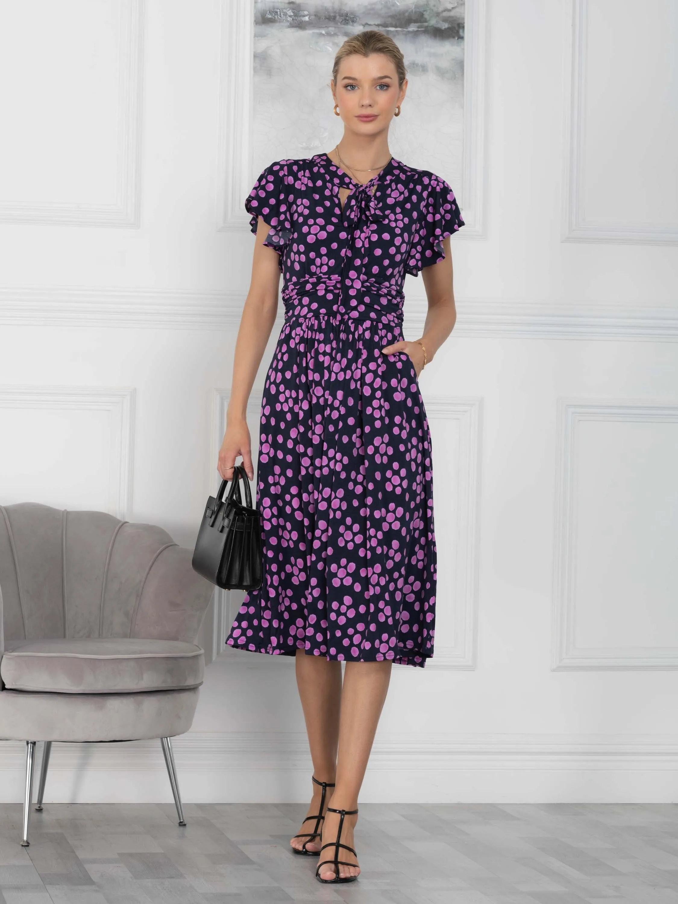 Beverly Tie Neck Midi Dress, Navy Spot