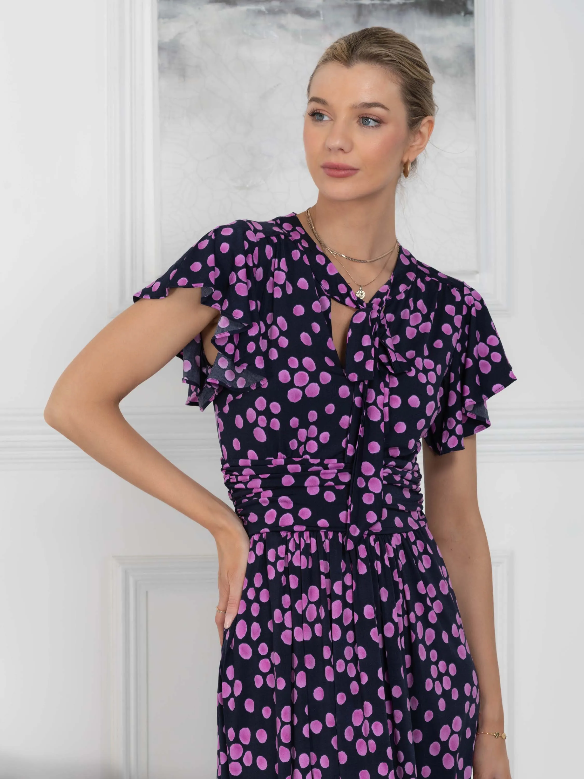 Beverly Tie Neck Midi Dress, Navy Spot