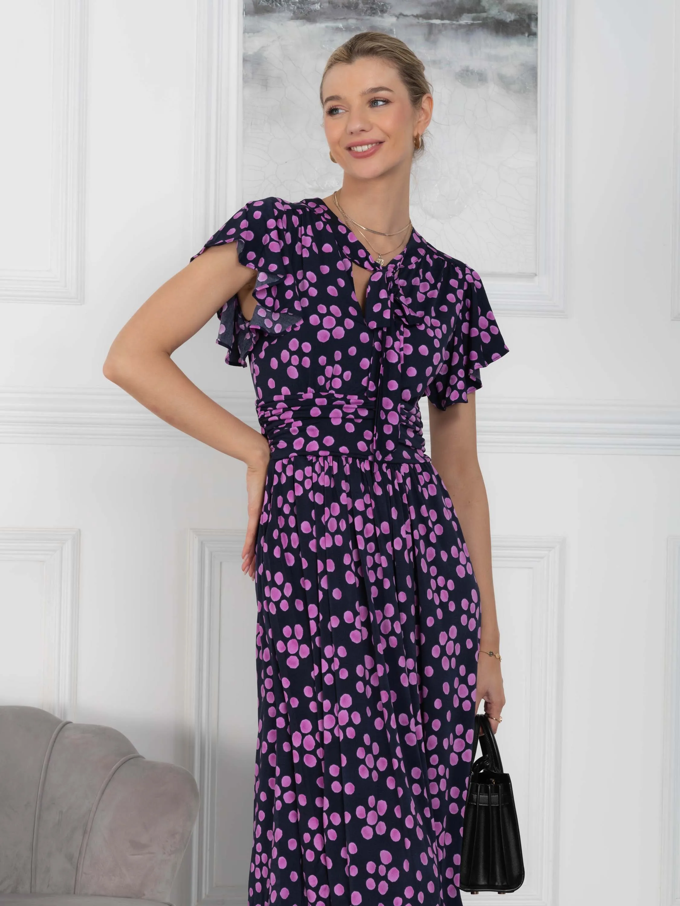 Beverly Tie Neck Midi Dress, Navy Spot