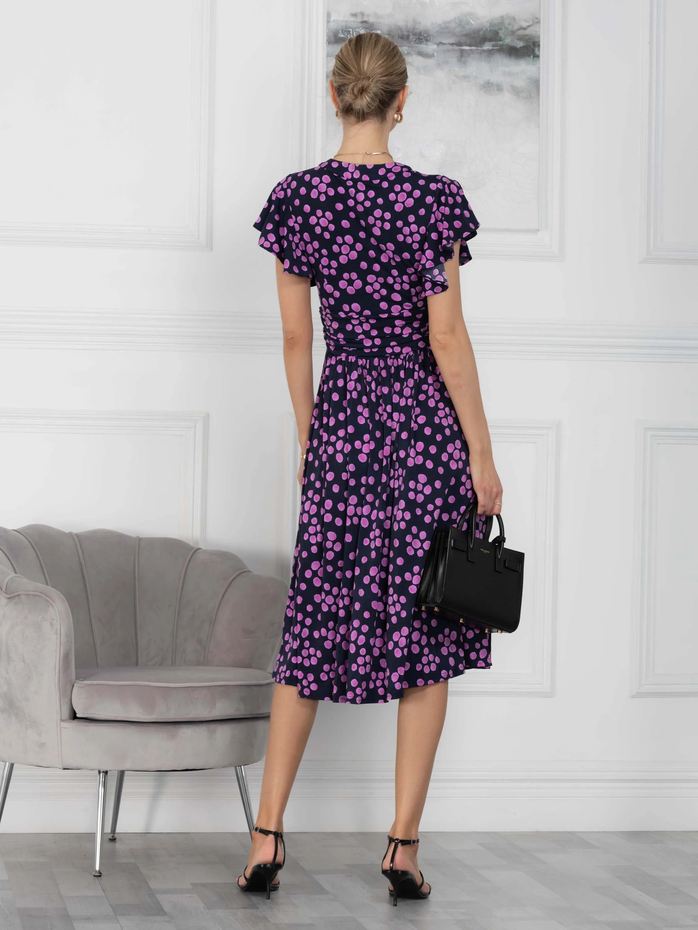 Beverly Tie Neck Midi Dress, Navy Spot