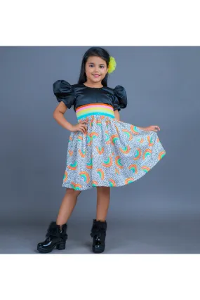 Black Rainbow Unicorn Printed Satin Puff Sleeves Dress