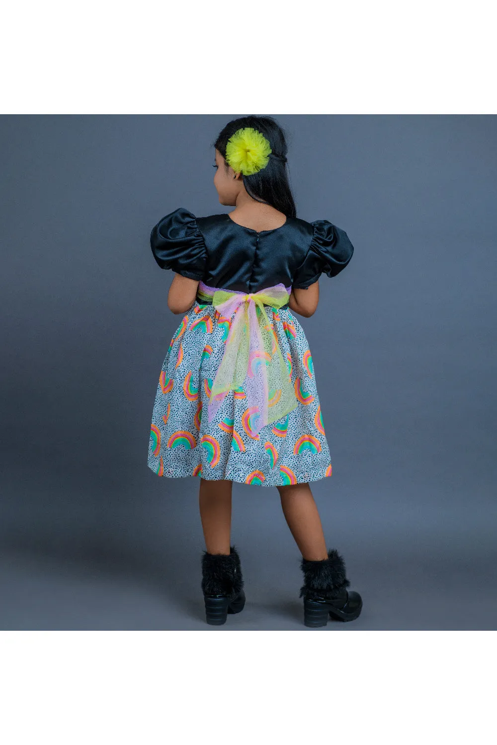 Black Rainbow Unicorn Printed Satin Puff Sleeves Dress