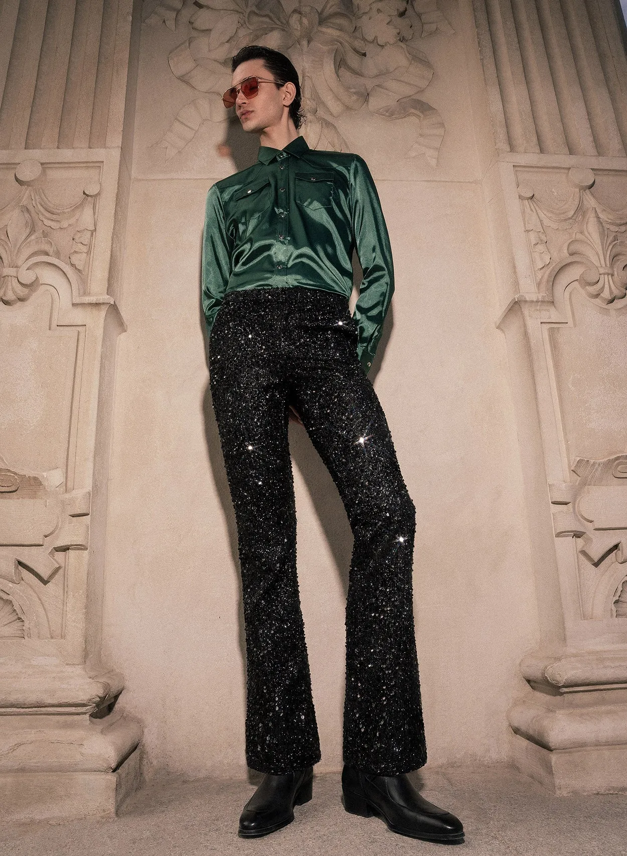 Black Sequin Flare Trousers