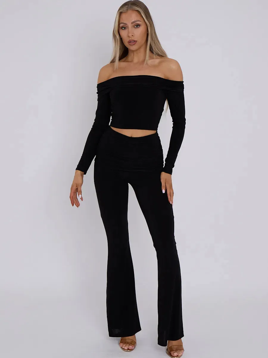 Black Slinky Off Shoulder Crop Top & Fold Over Flares Trousers Co-ord Set