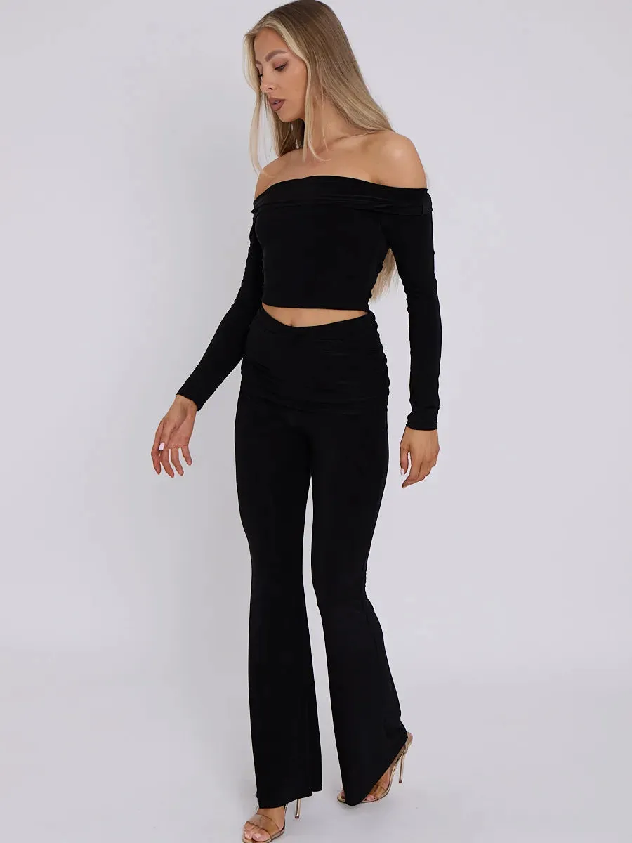 Black Slinky Off Shoulder Crop Top & Fold Over Flares Trousers Co-ord Set