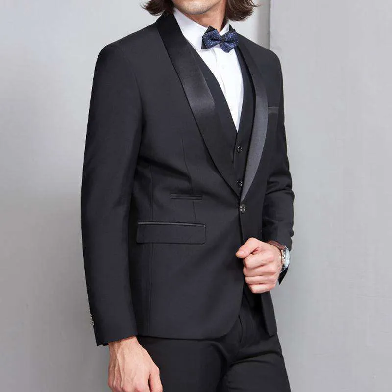 Black Three Piece Shawl Lapel Trim Fit Suits (Jacket Pants Vest)