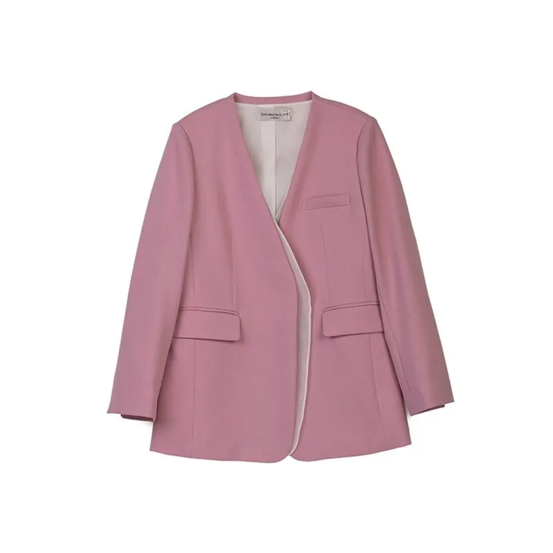 Black/Pink Collarless V Neck Suit Blazer