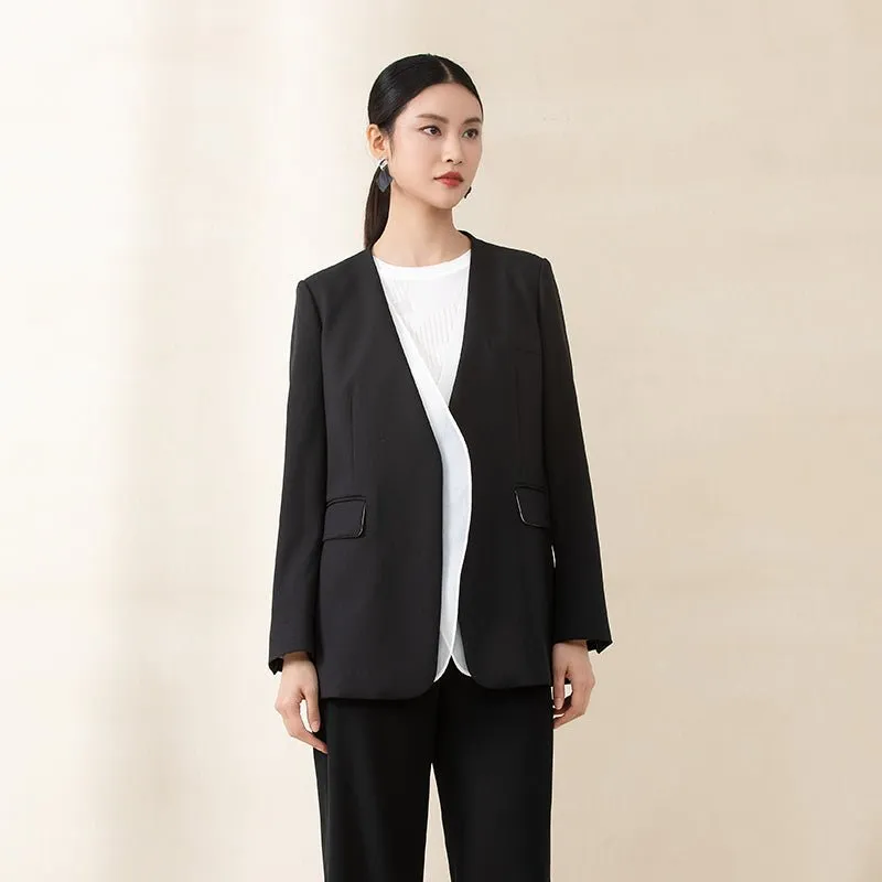 Black/Pink Collarless V Neck Suit Blazer