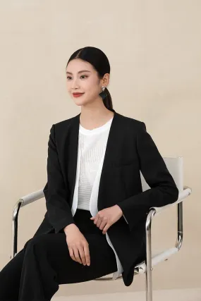 Black/Pink Collarless V Neck Suit Blazer