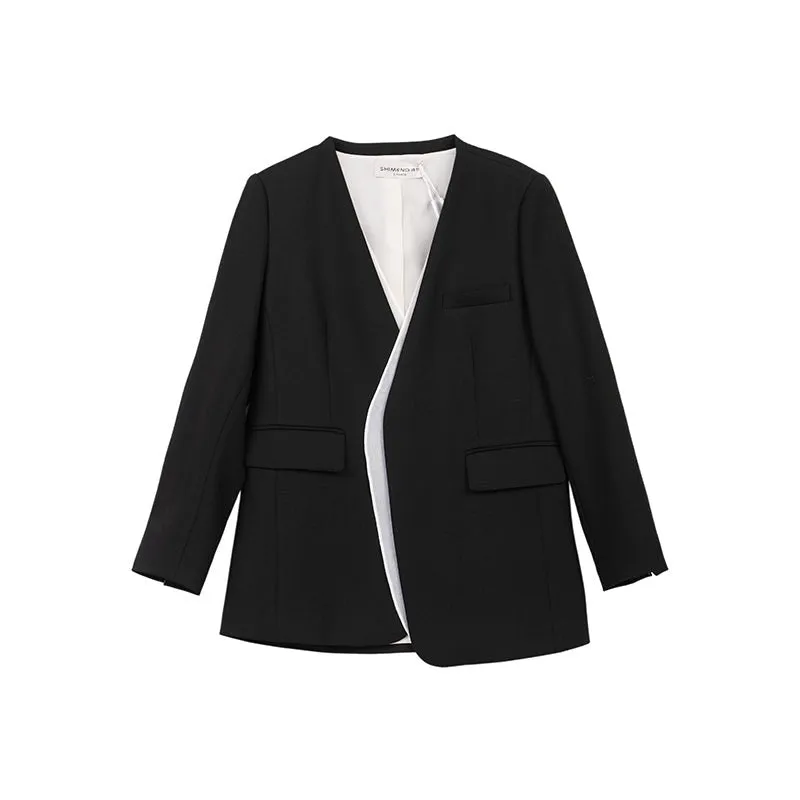 Black/Pink Collarless V Neck Suit Blazer