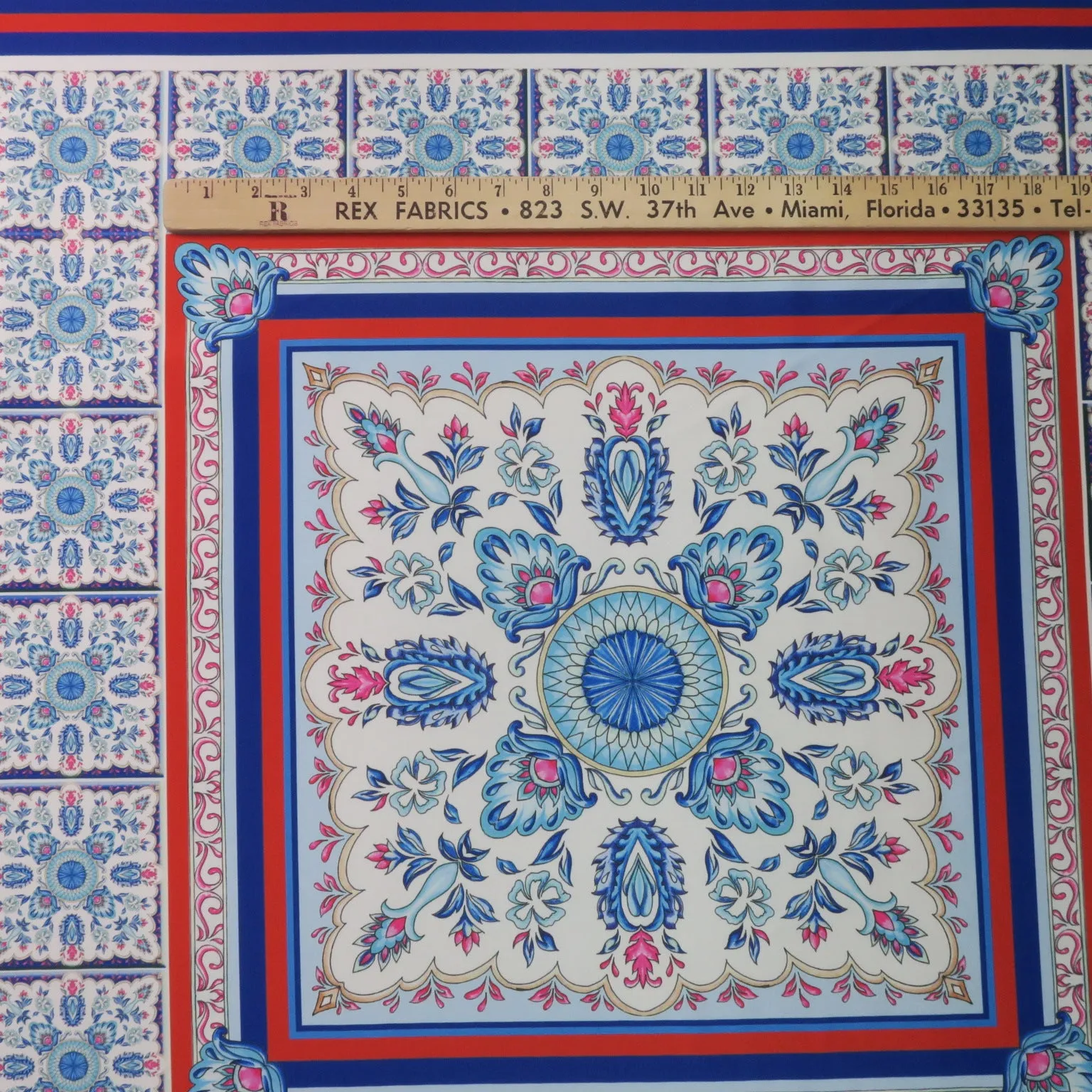 Blue and Red Mosaic on White Printed Polyester Mikado Fabric