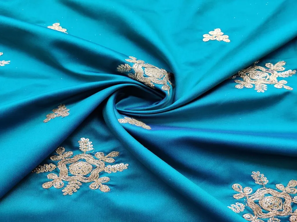 Blue Dual Shaded Golden Dori Floral Motifs Embroidered Taffeta Silk Fabric