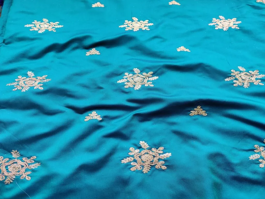 Blue Dual Shaded Golden Dori Floral Motifs Embroidered Taffeta Silk Fabric