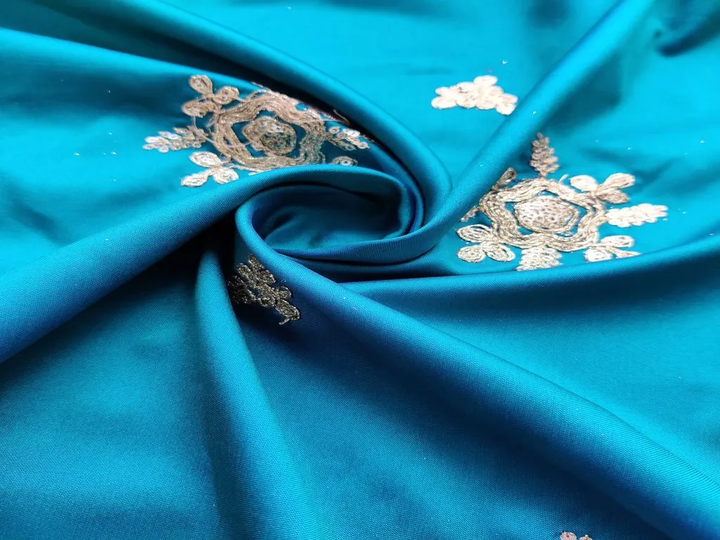 Blue Dual Shaded Golden Dori Floral Motifs Embroidered Taffeta Silk Fabric