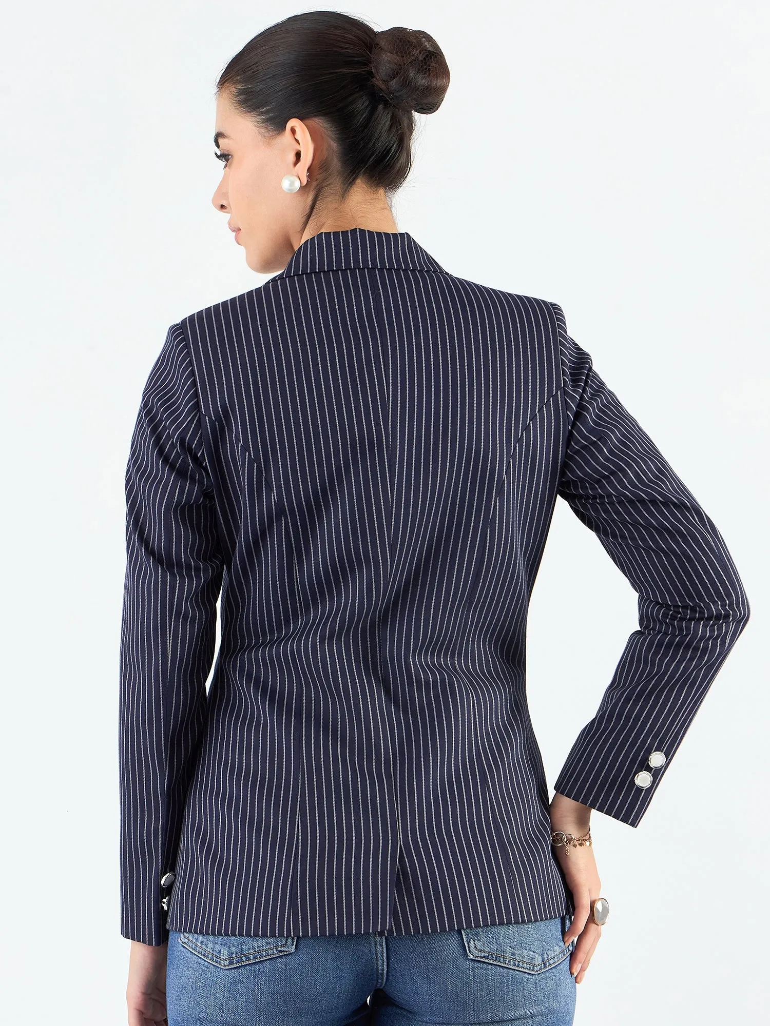 Blue-Striped Structured Blazer With Notched Lapel