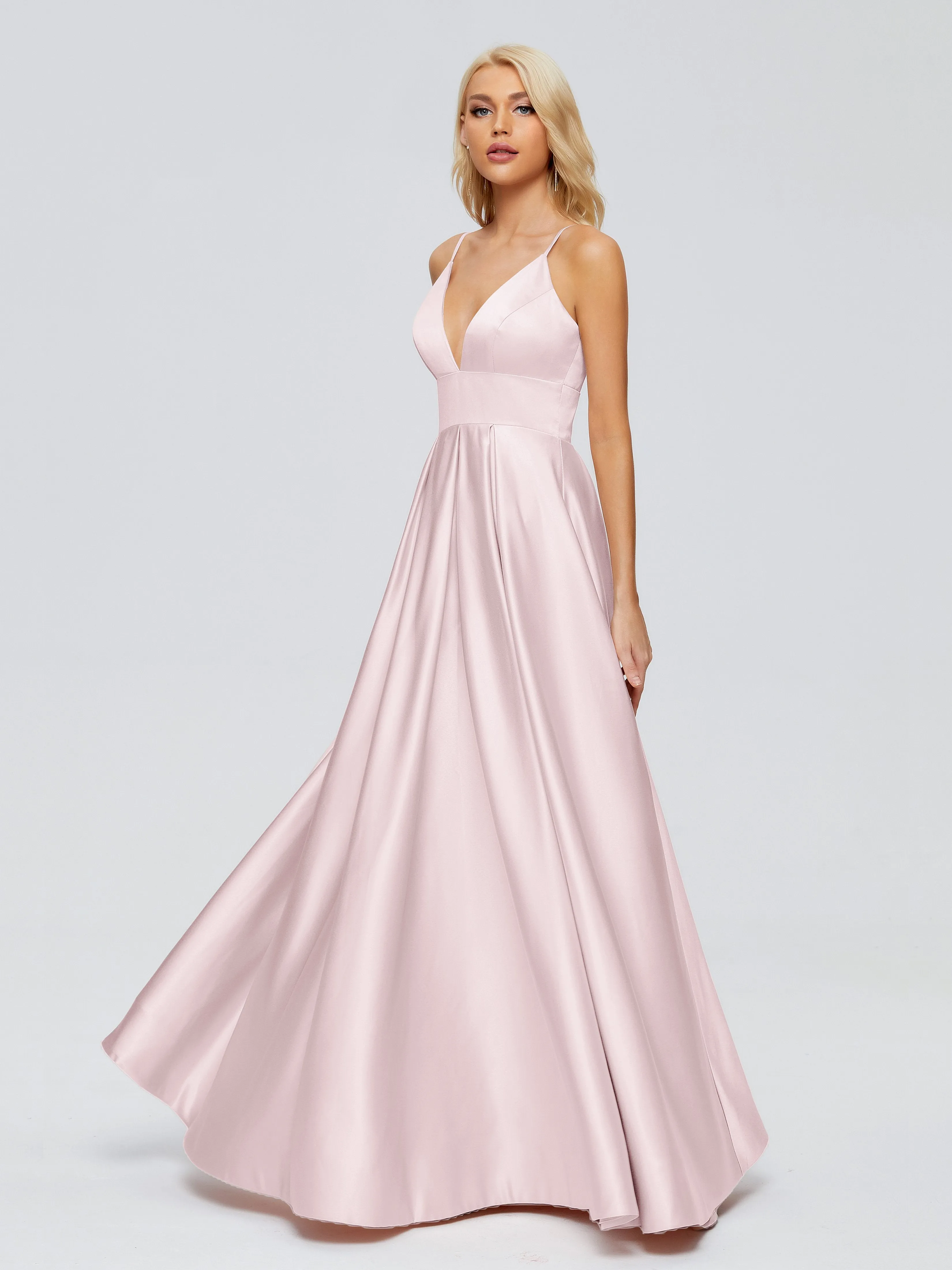 Blush Pink Bridesmaid Dresses Long Spaghetti Straps Satin Long Bridesmaid Dresses