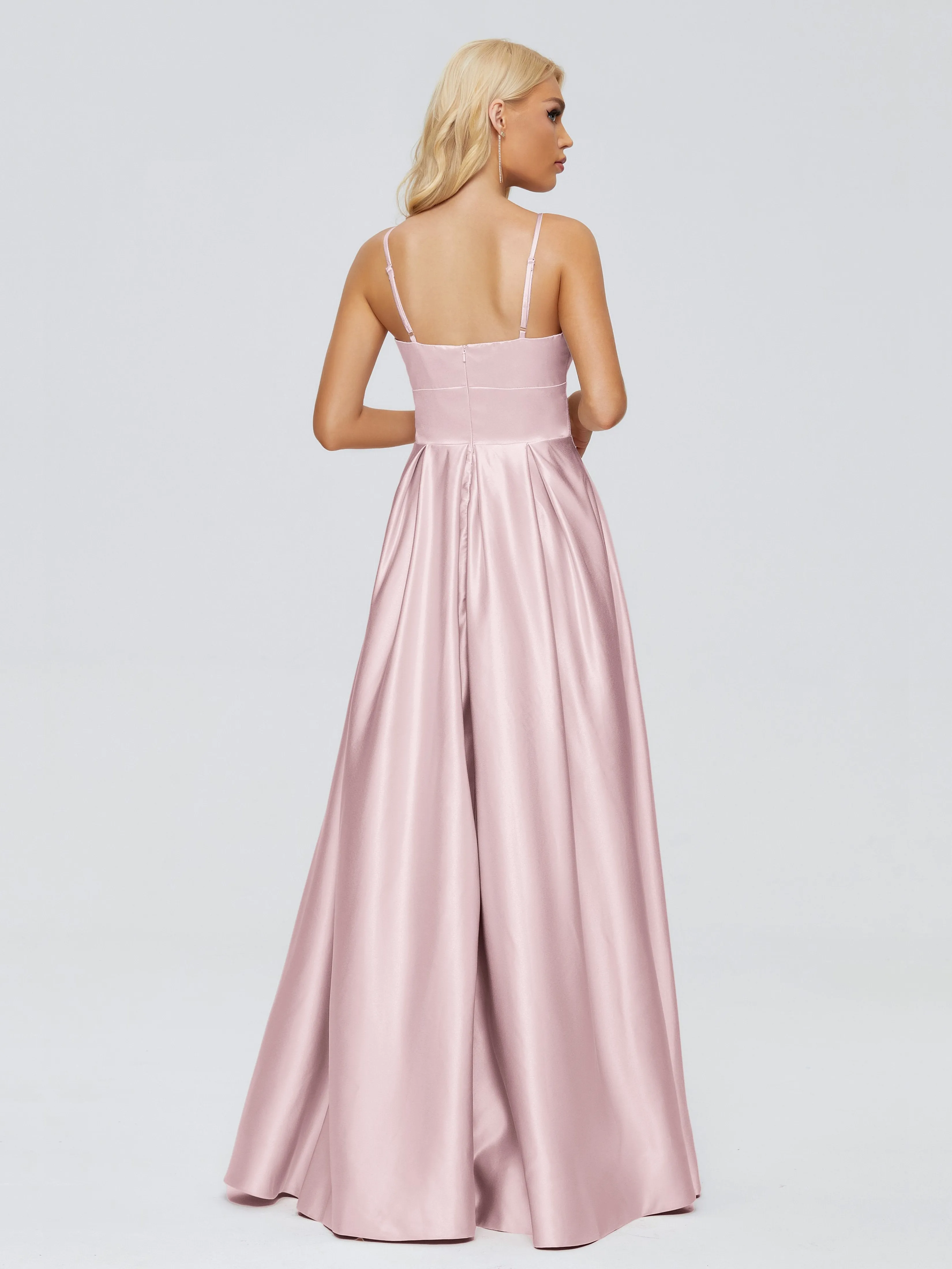 Blush Pink Bridesmaid Dresses Long Spaghetti Straps Satin Long Bridesmaid Dresses