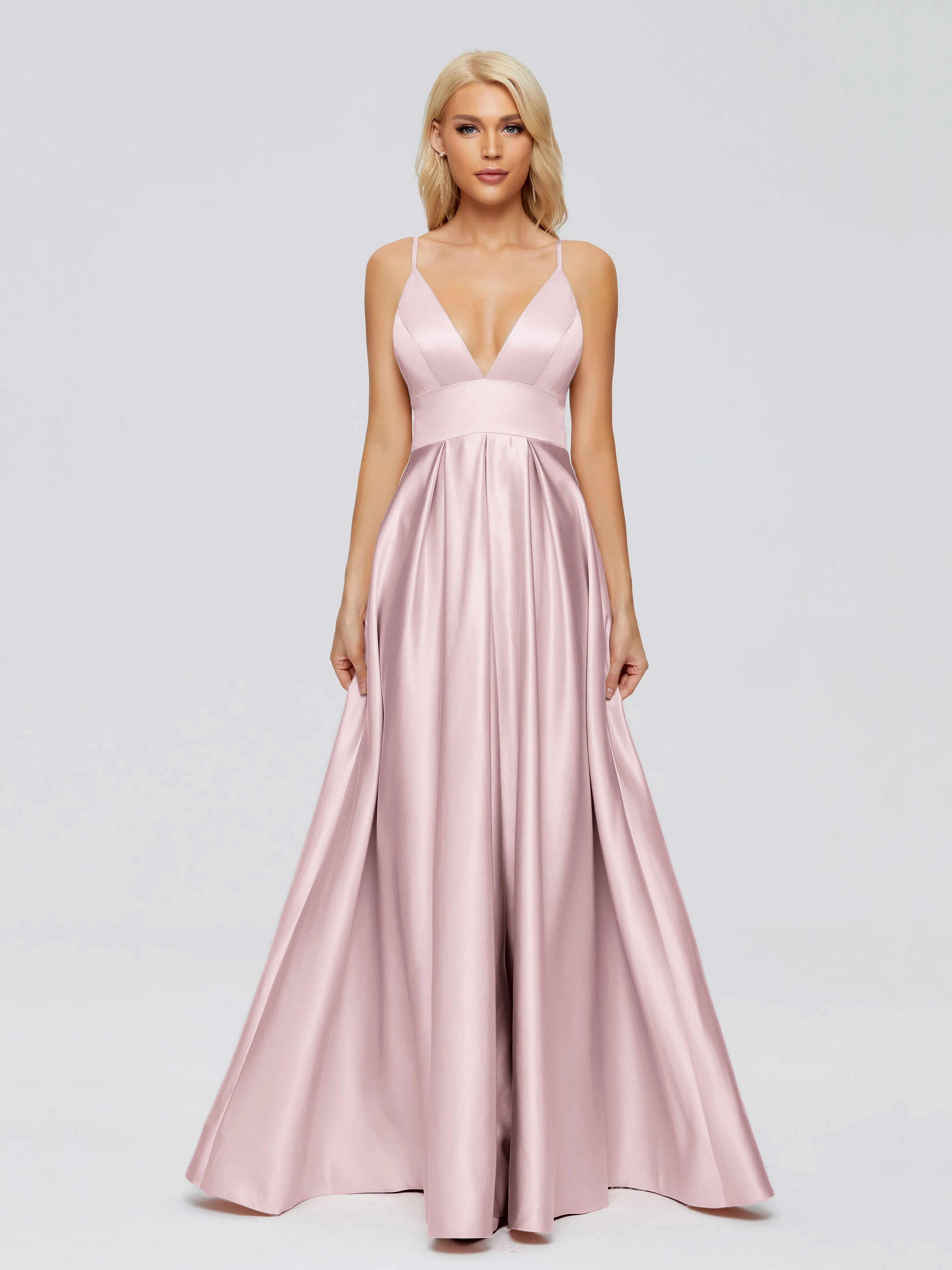 Blush Pink Bridesmaid Dresses Long Spaghetti Straps Satin Long Bridesmaid Dresses