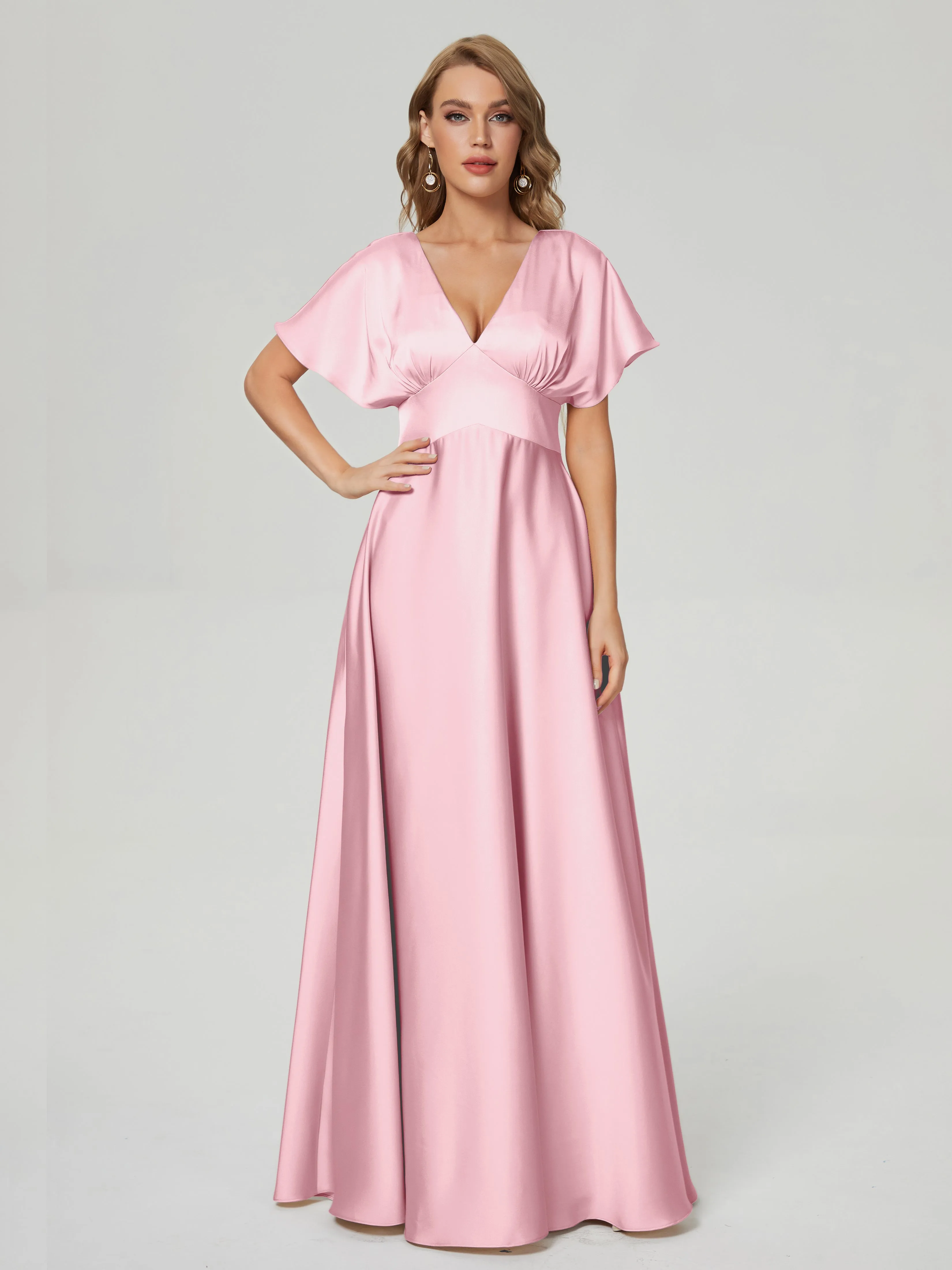 Blushing Pink Bridesmaid Dresses Ariah Modest V Neck Short Sleeves Soft Satin Dresses