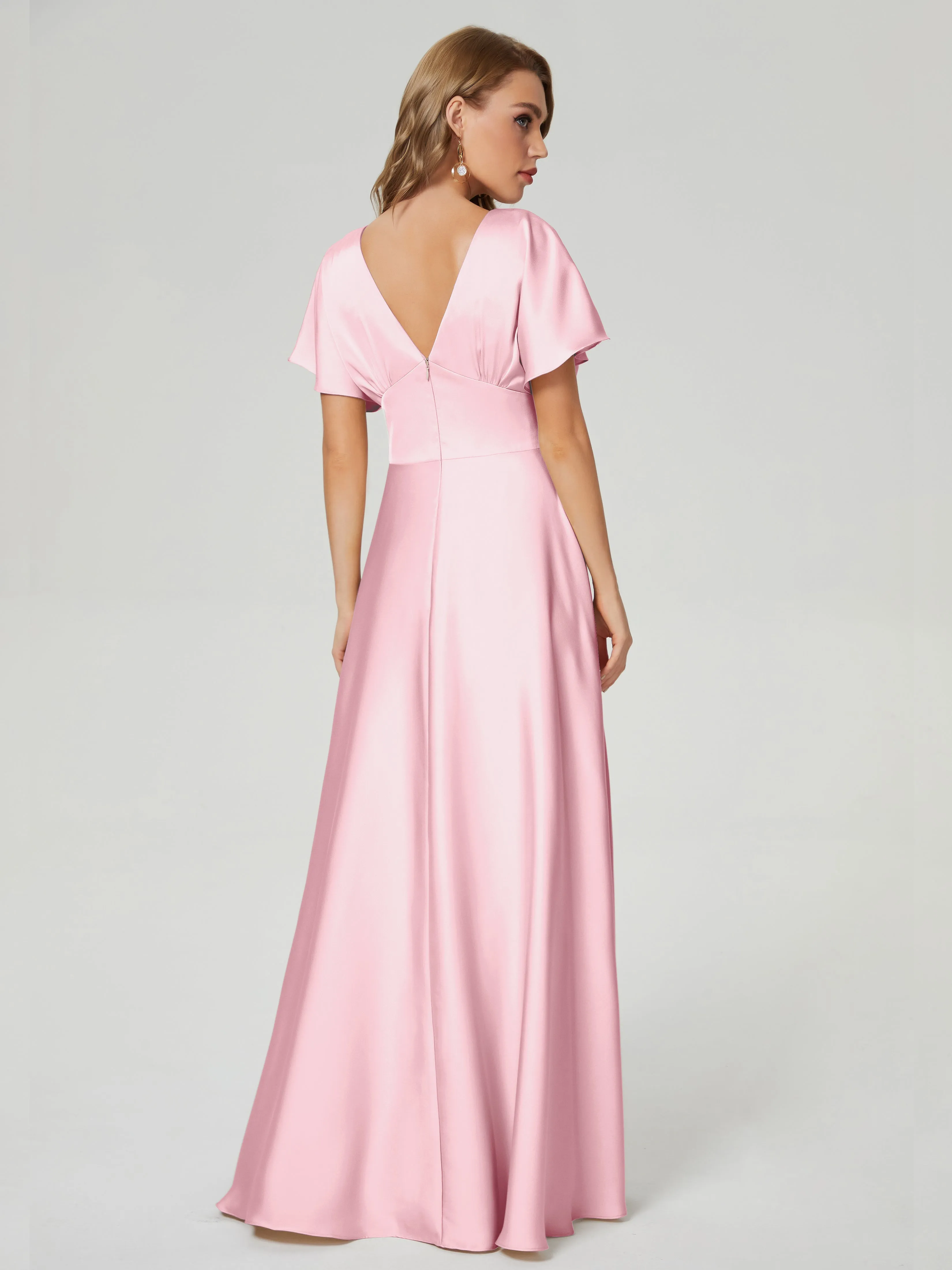 Blushing Pink Bridesmaid Dresses Ariah Modest V Neck Short Sleeves Soft Satin Dresses