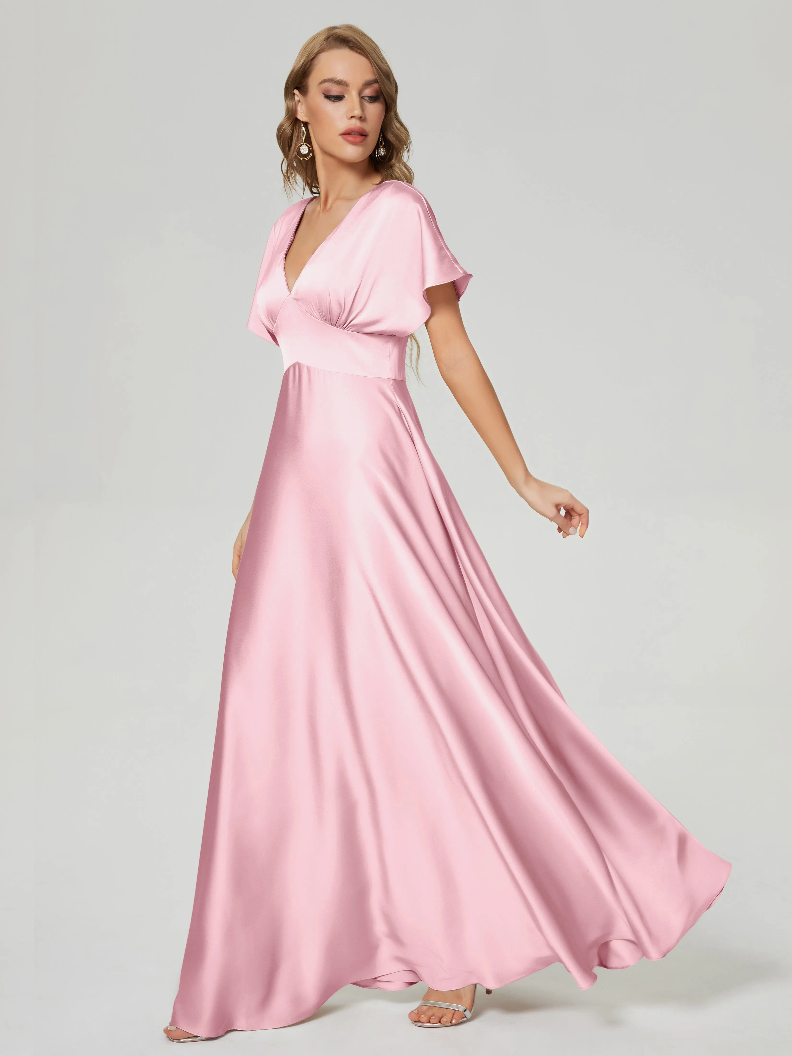 Blushing Pink Bridesmaid Dresses Ariah Modest V Neck Short Sleeves Soft Satin Dresses