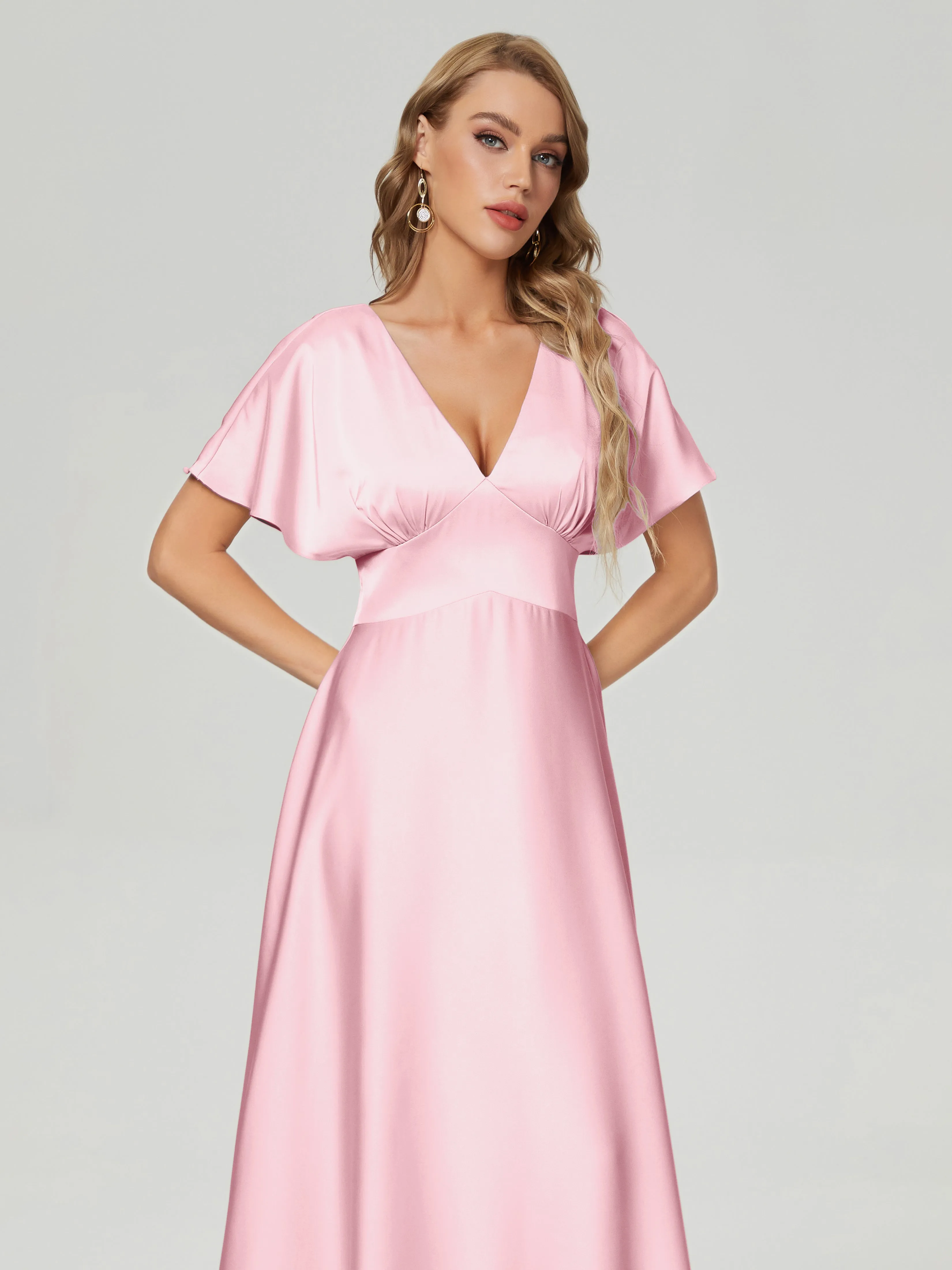 Blushing Pink Bridesmaid Dresses Ariah Modest V Neck Short Sleeves Soft Satin Dresses