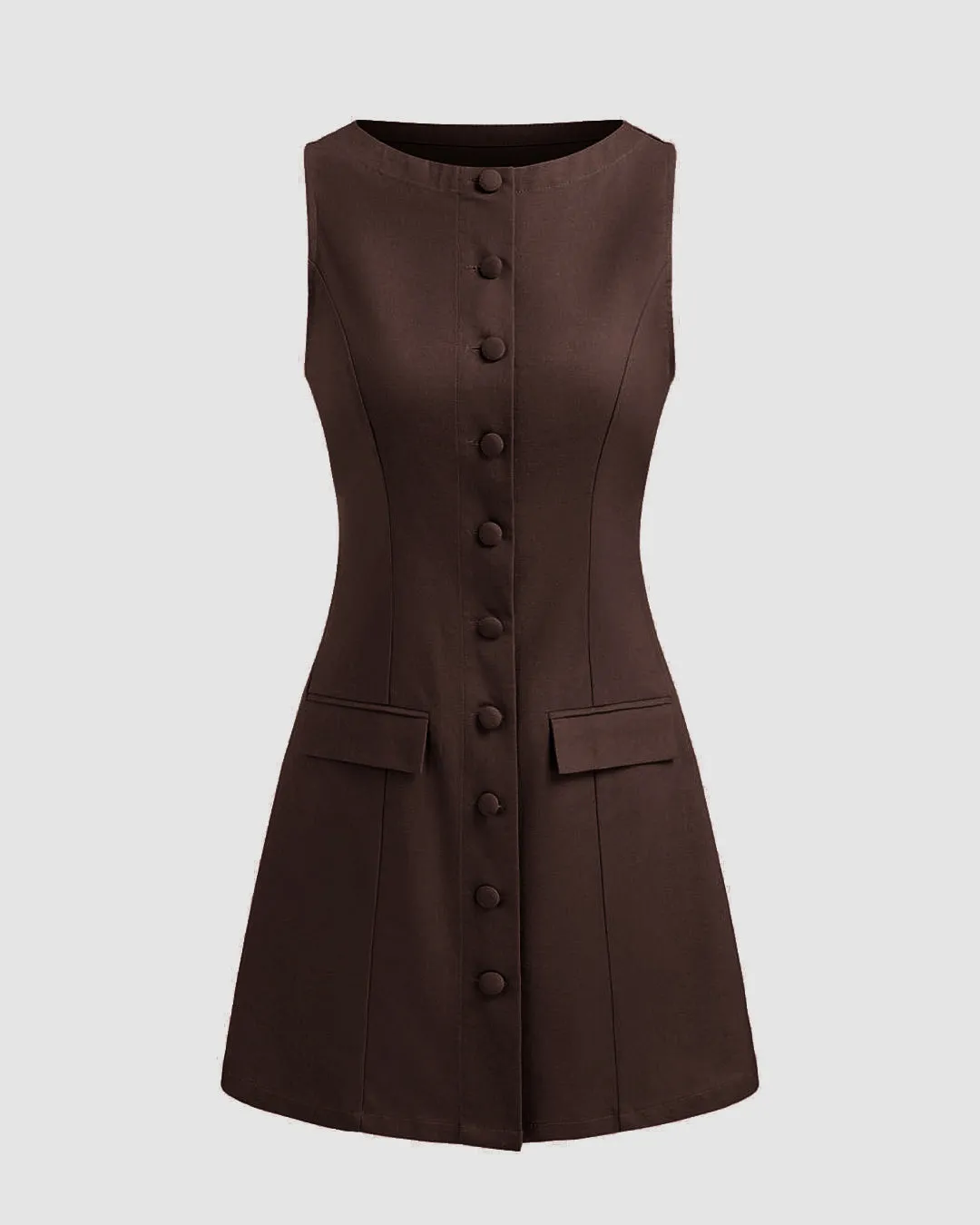 Boat Neckline Solid Button Sleeveless Coco Brown Mini Dress