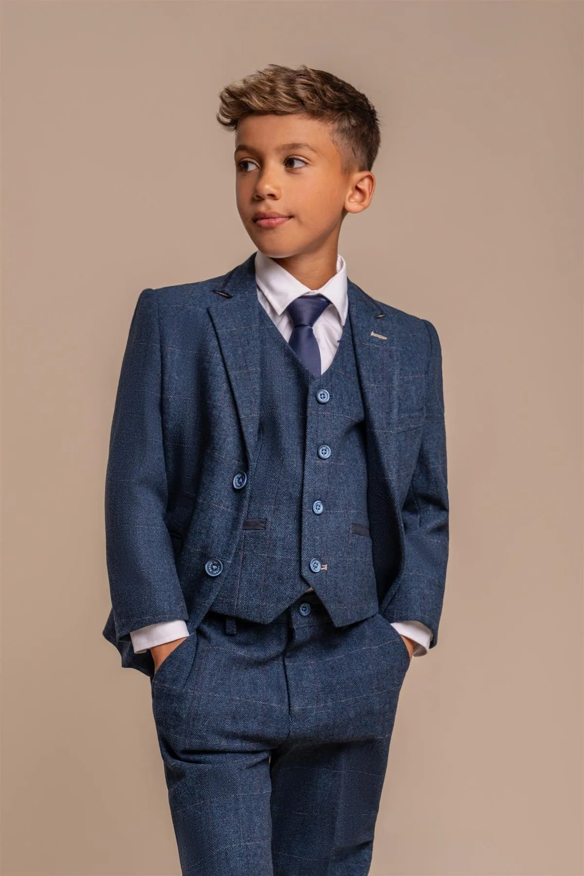 Boys Carnegi Navy Tweed Three Piece Suit