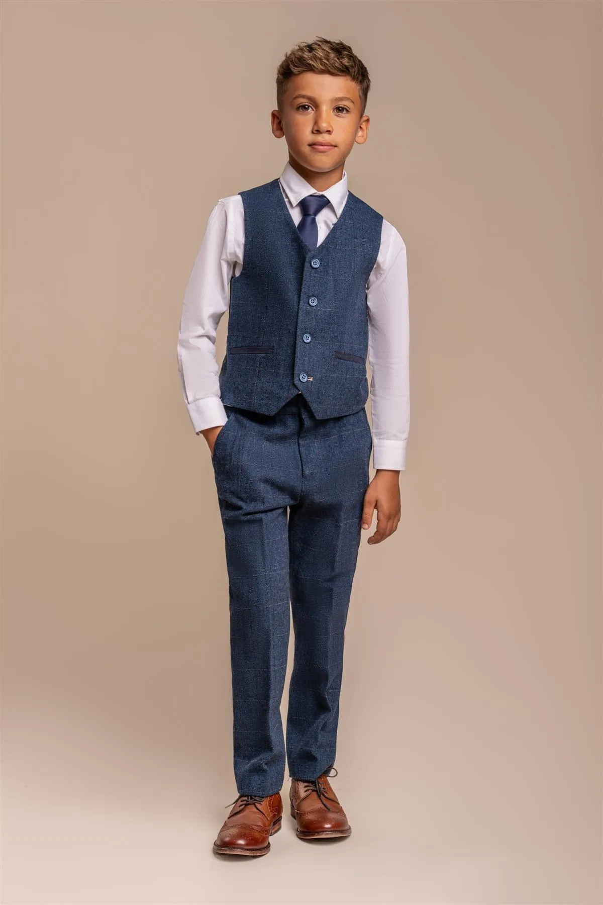 Boys Carnegi Navy Tweed Three Piece Suit