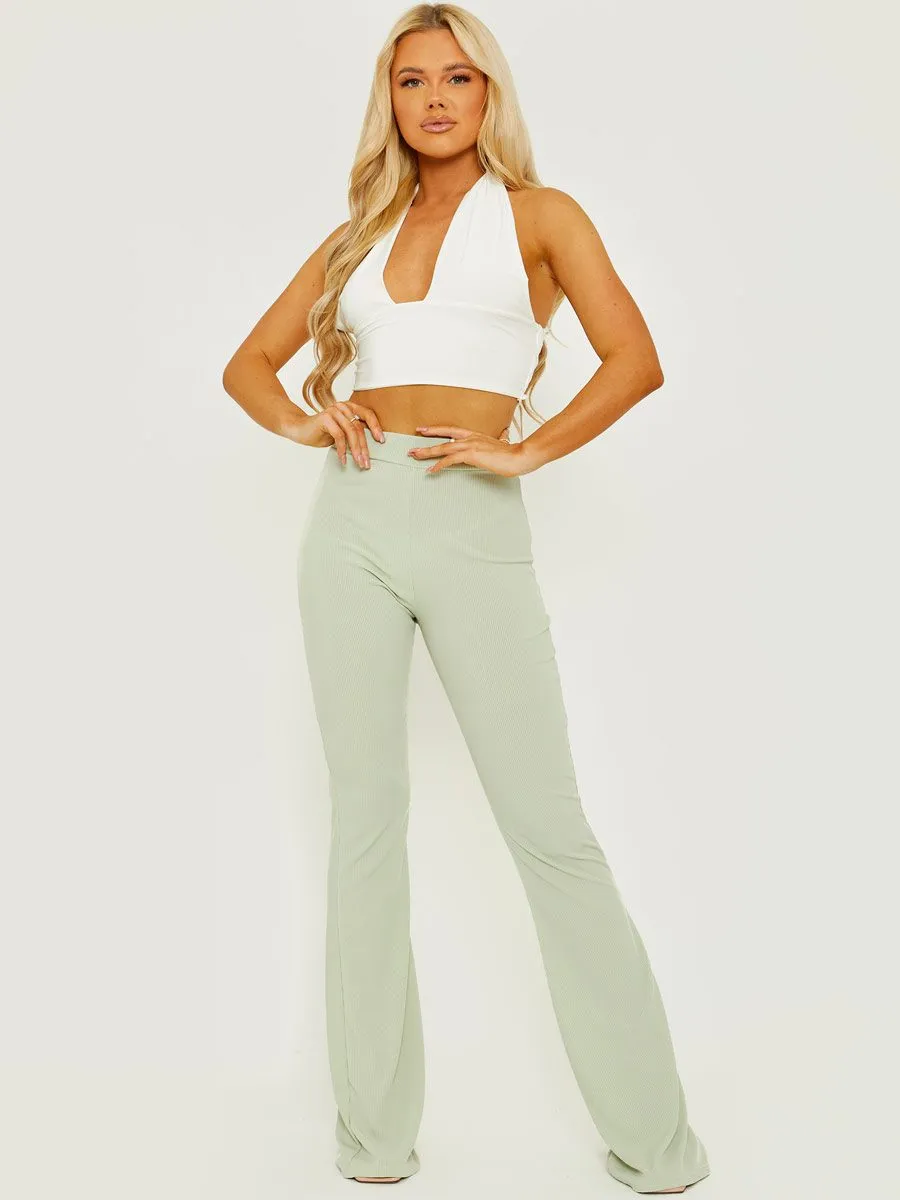 Camila Ribbed Flared Trousers In Green