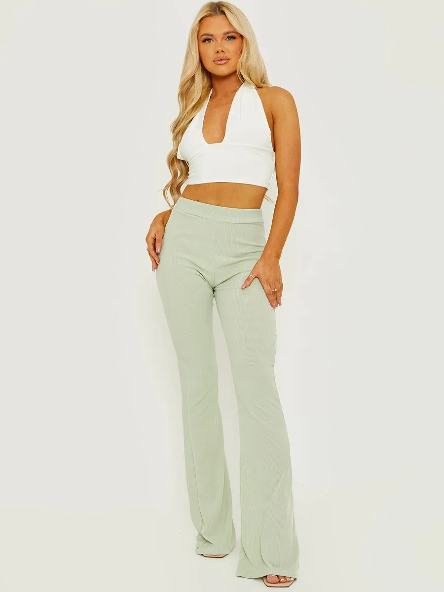 Camila Ribbed Flared Trousers In Green