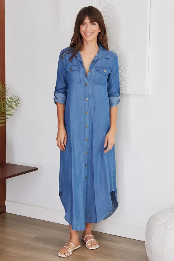 Chambray Tunic Shirt Dress DENIM Blue