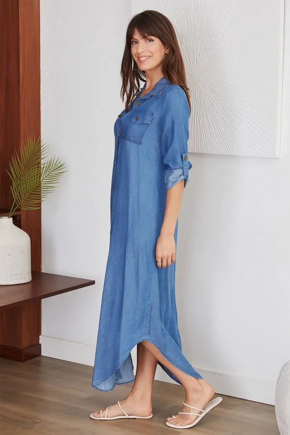 Chambray Tunic Shirt Dress DENIM Blue