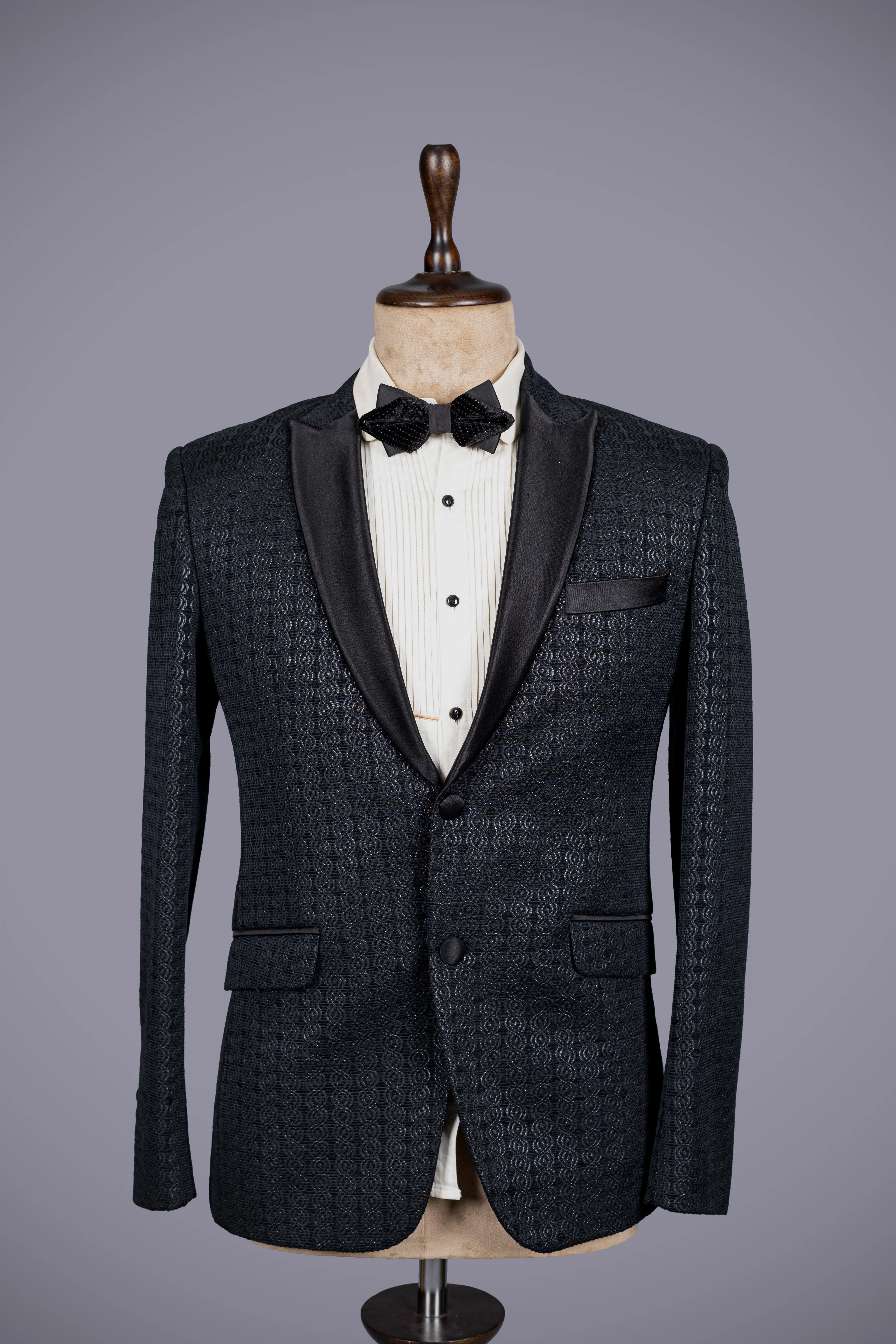 Charcoal Black Jacquard Silk 3 Piece Suit for Men