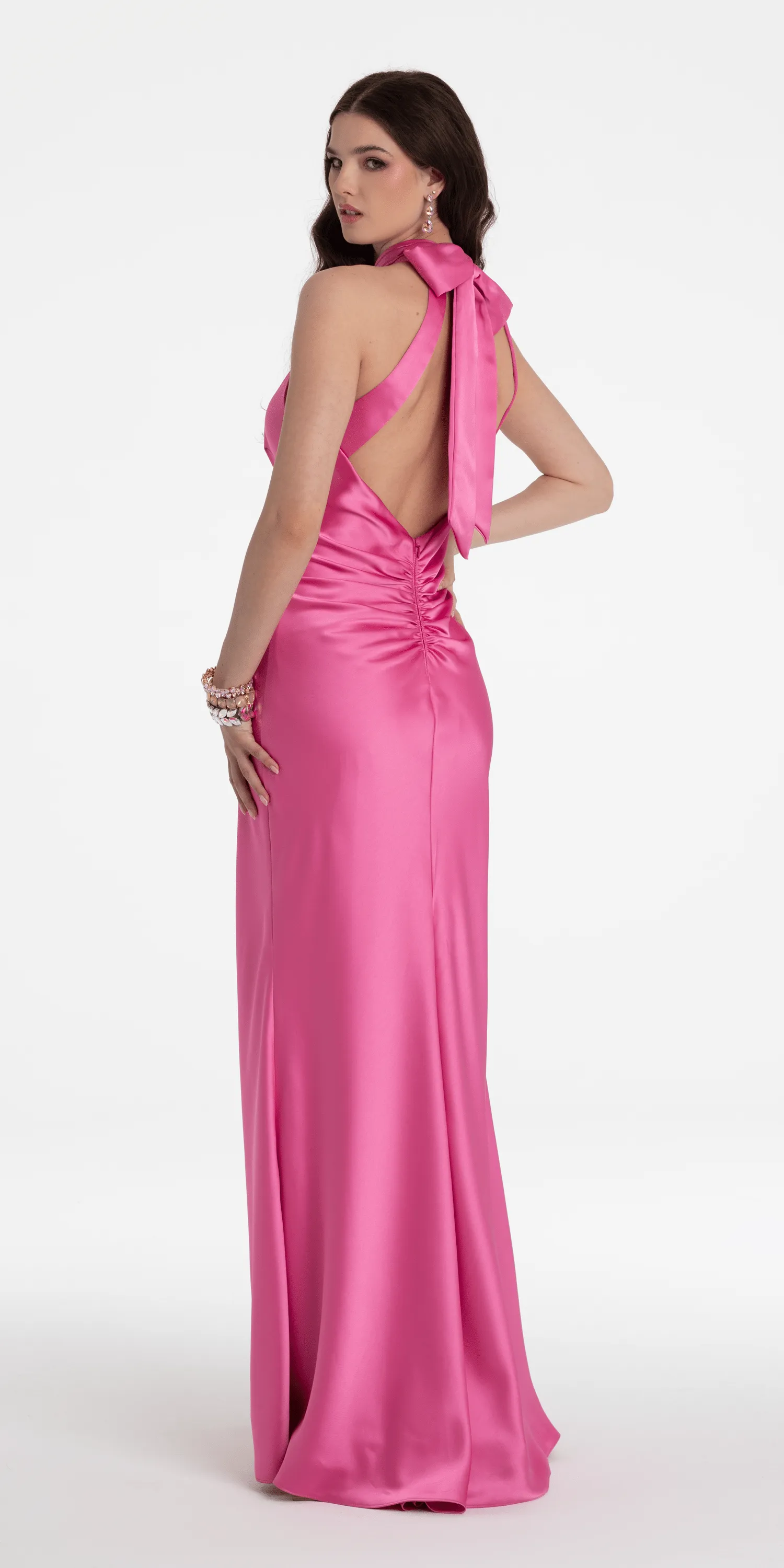 Charmeuse Satin Cutaway Halter Column Dress with Back Ruching