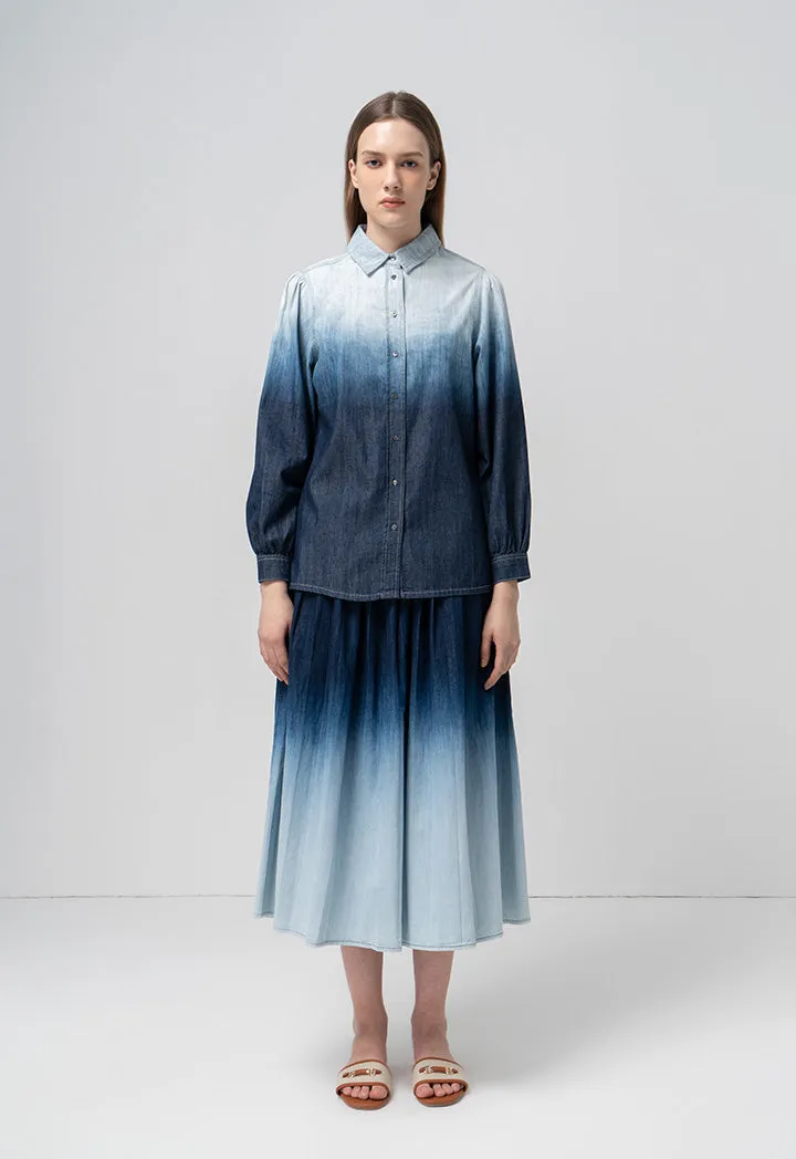 Choice Box Pleated Ombre Flared Denim Skirt Blue