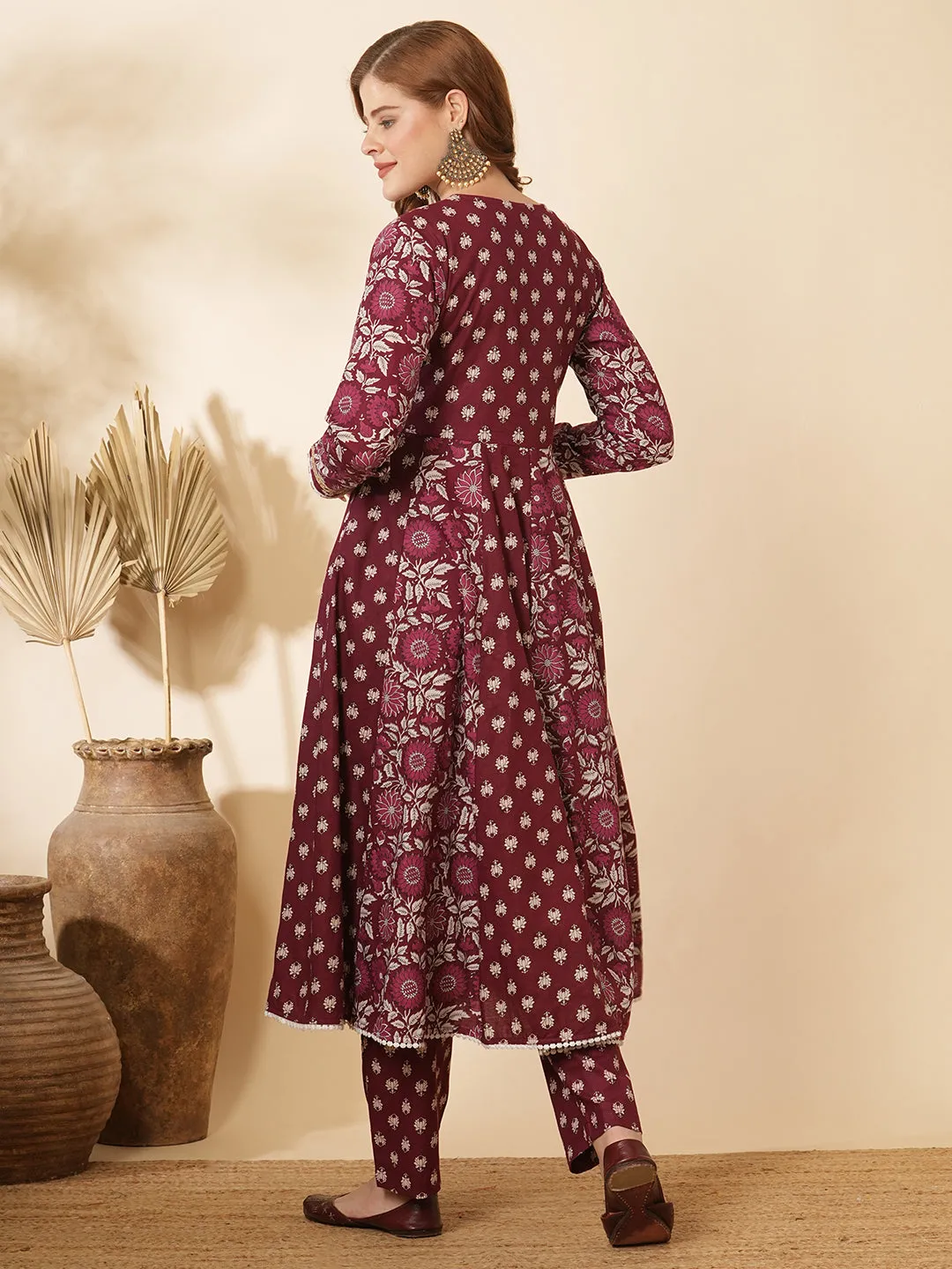 Ethnic Floral Printed & Embroidered Anarkali Flared Kurta with Pant - Burgundy